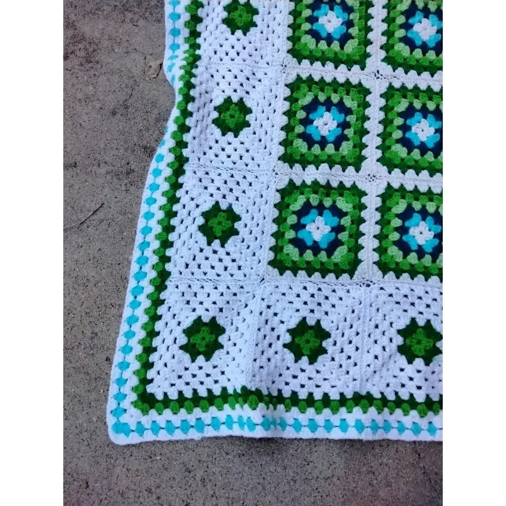 Handmade Crochet Granny Square Afghan Lap/sofa Blanket 60x45” Green Blue